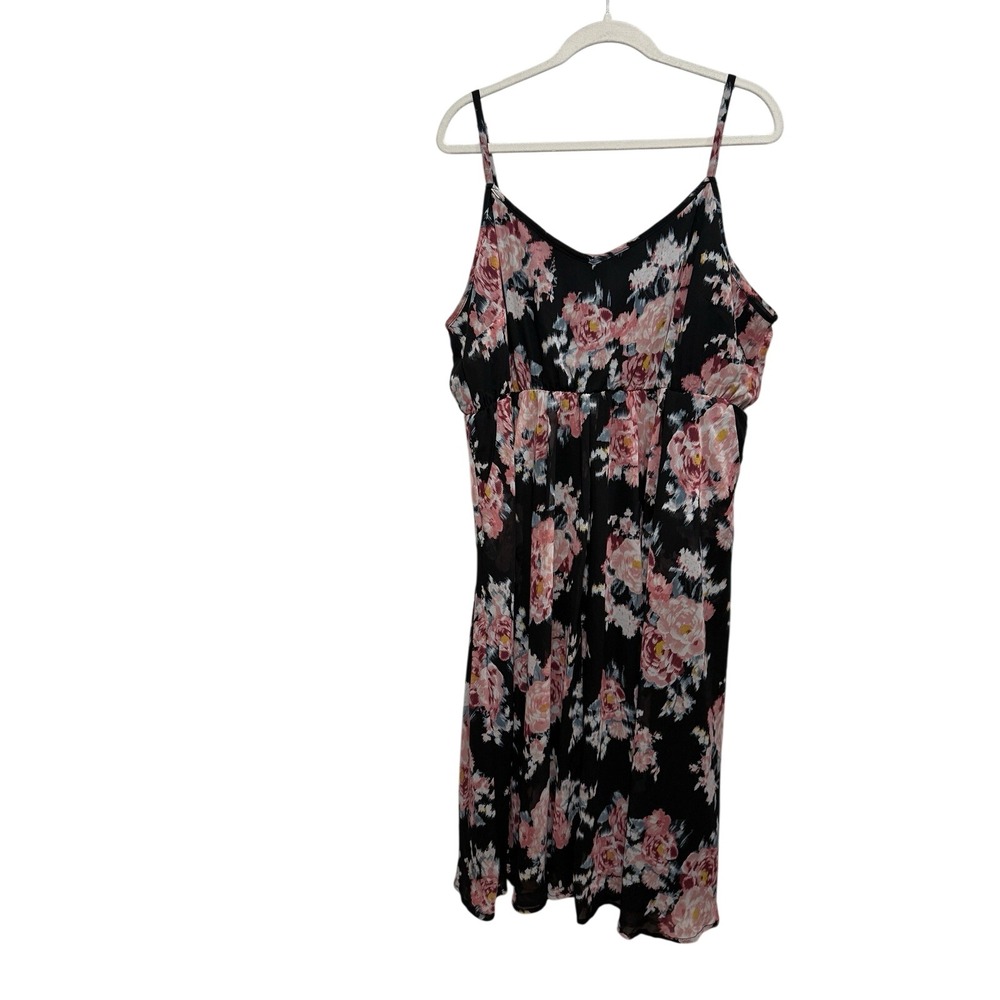 Torrid Midi Chiffon Pleated Dress Women's 2X Black Pink Floral Sleeveless Preppy